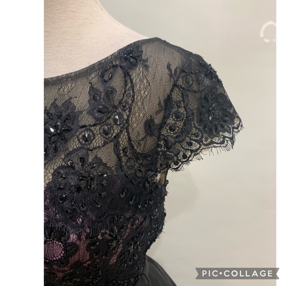 Mon Cheri fit flare midi cap sleeves pink black lace dress - Picture 8 of 9